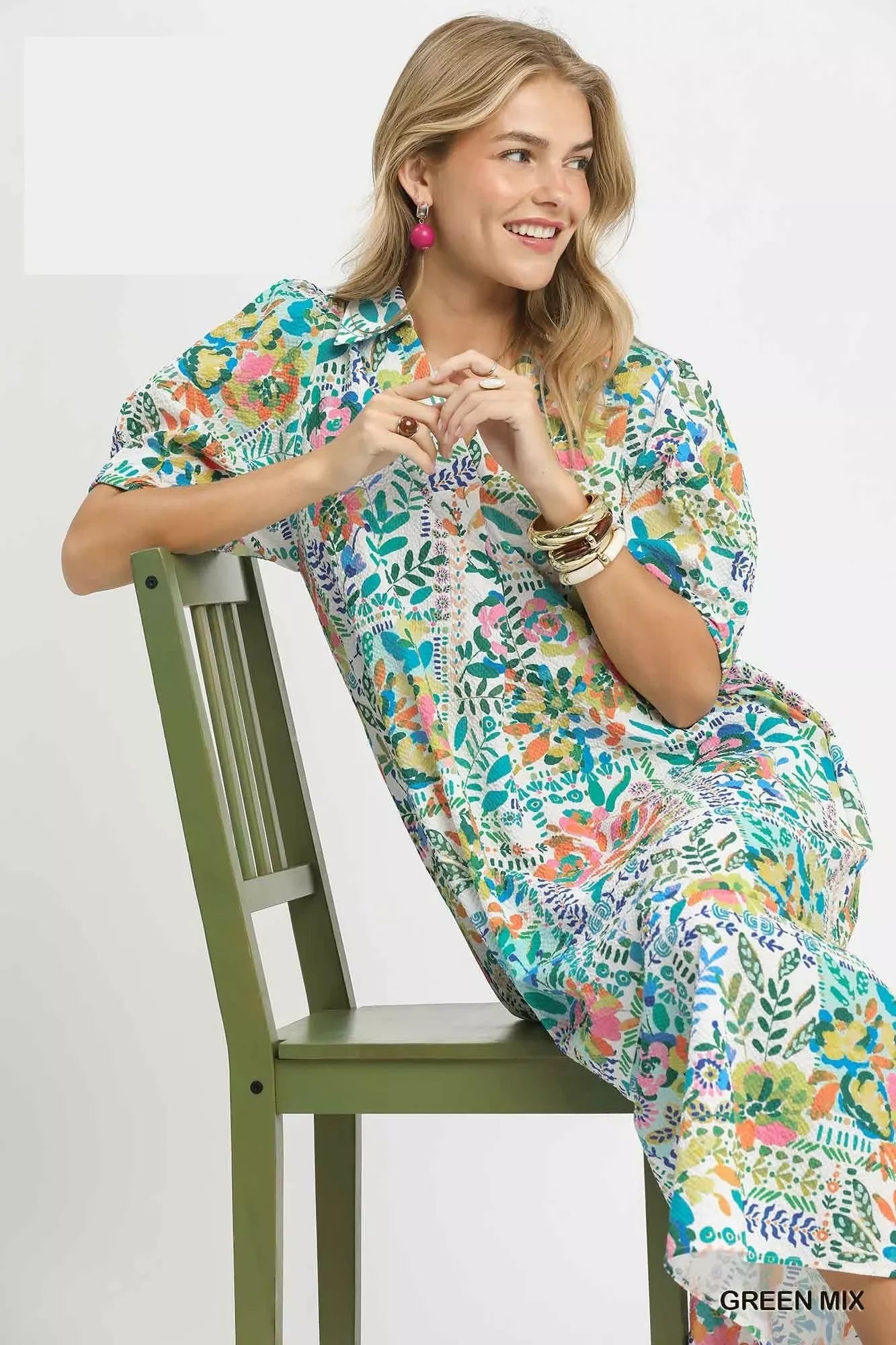 Umgee Folk Print Midi Dress with Side Pockets - Bitsy Gypsy Boutique