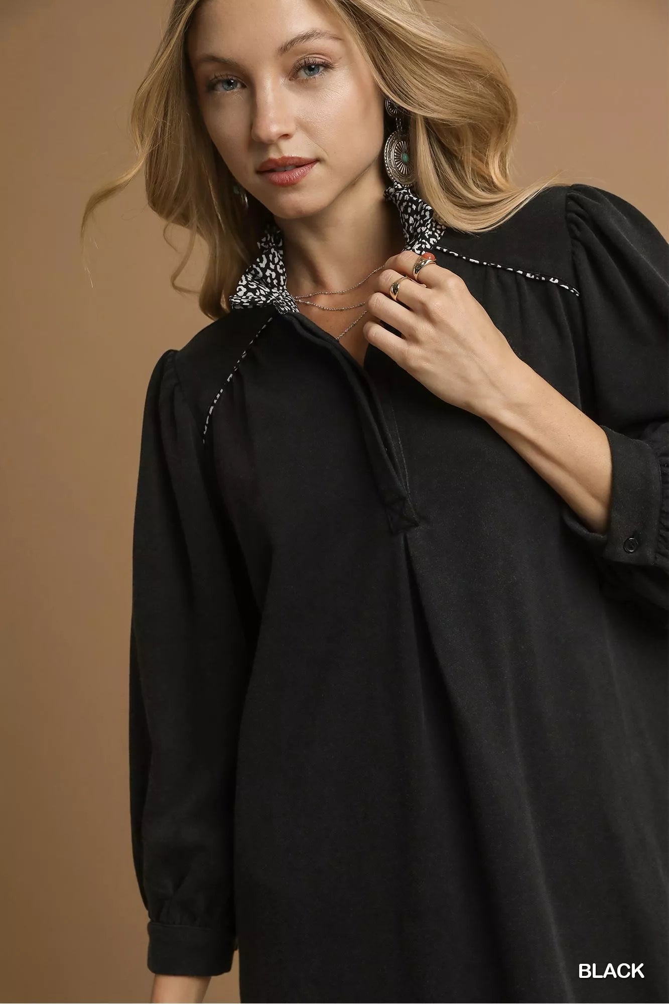 Umgee French Terry Balloon Sleeve Shift Dress with Leopard Print Detail - Bitsy Gypsy Boutique