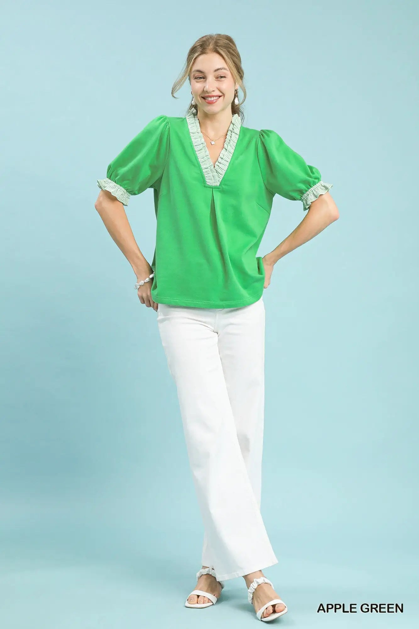 Umgee French Terry Ruffle Trim Puff Sleeve Top by Trendsi