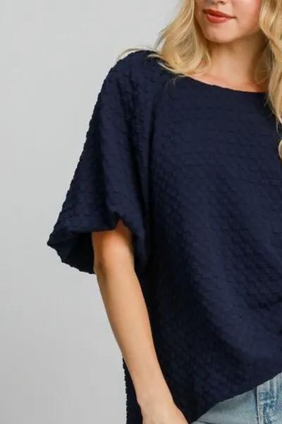 Umgee Full Size Boxy Cut Jacquard Round Neck Top with Side Slit by Trendsi