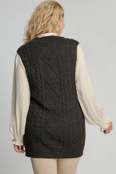 Umgee Full Size Cable V - Neck Vest Sweater - Bitsy Gypsy Boutique