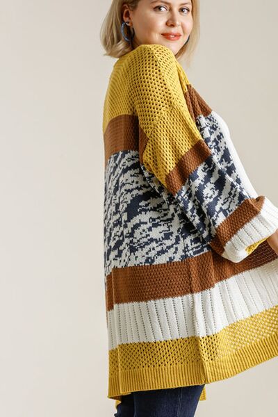 Umgee Full Size Color Block Open Front Longline Cardigan Plus Size - Bitsy Gypsy Boutique