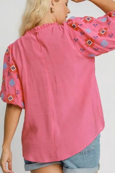 Umgee Full Size Embroidered Puff Sleeve Mock Neck Top Plus Size by Trendsi