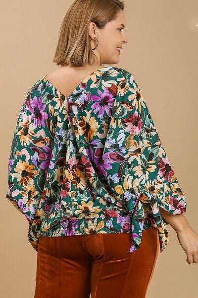 Umgee Full Size Floral V - Neck Tie Sleeve Blouse Plus Size - Bitsy Gypsy Boutique