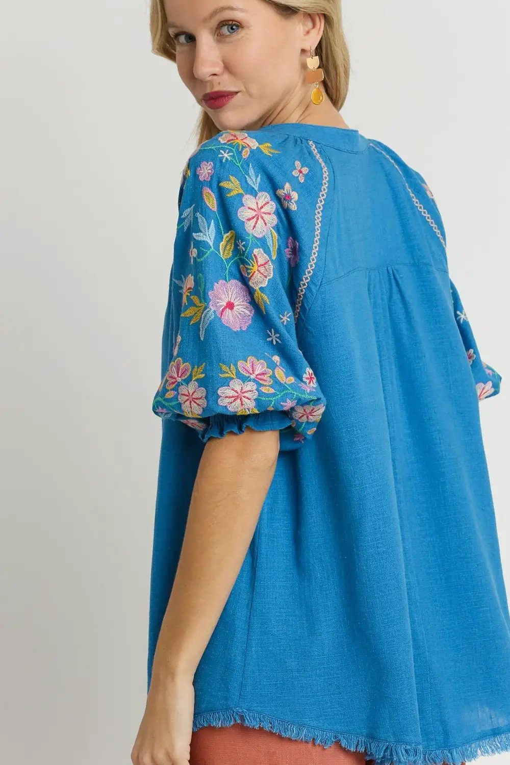 Umgee Full Size Half Button Top with Embroidery Sleeves Plus Size by Trendsi