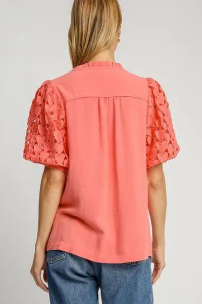 Umgee Full Size Heart Lace Sleeve Ruffle Collar Top by Trendsi