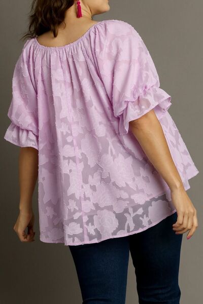 Umgee Full Size Jacquard Round Neck Ruffled Puff Sleeve Blouse Plus Size - Bitsy Gypsy Boutique