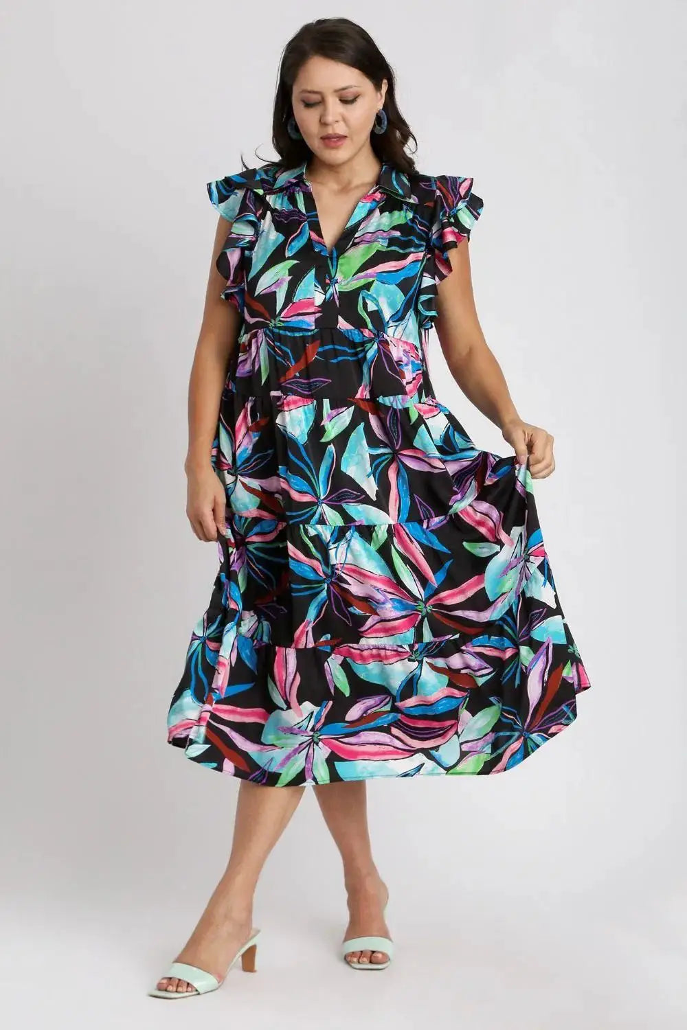 Umgee Full Size Leaf Print Double Layered Ruffle Sleeve Tiered Midi Dress by Trendsi