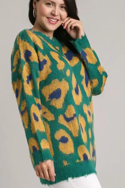 Umgee Full Size Leopard Destroyed Rib Band Sweater Plus Size by Trendsi
