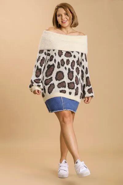 Umgee Full Size Leopard Off-Shoulder Long Sleeve Sweater Plus Size by Trendsi