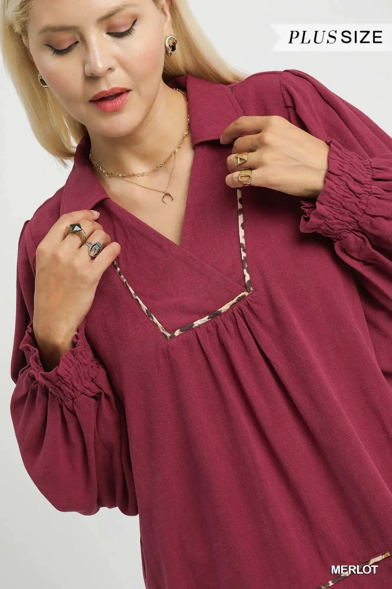Umgee Full Size Linen Scallop Hem Blouse with Contrast Trim Plus Size by Trendsi