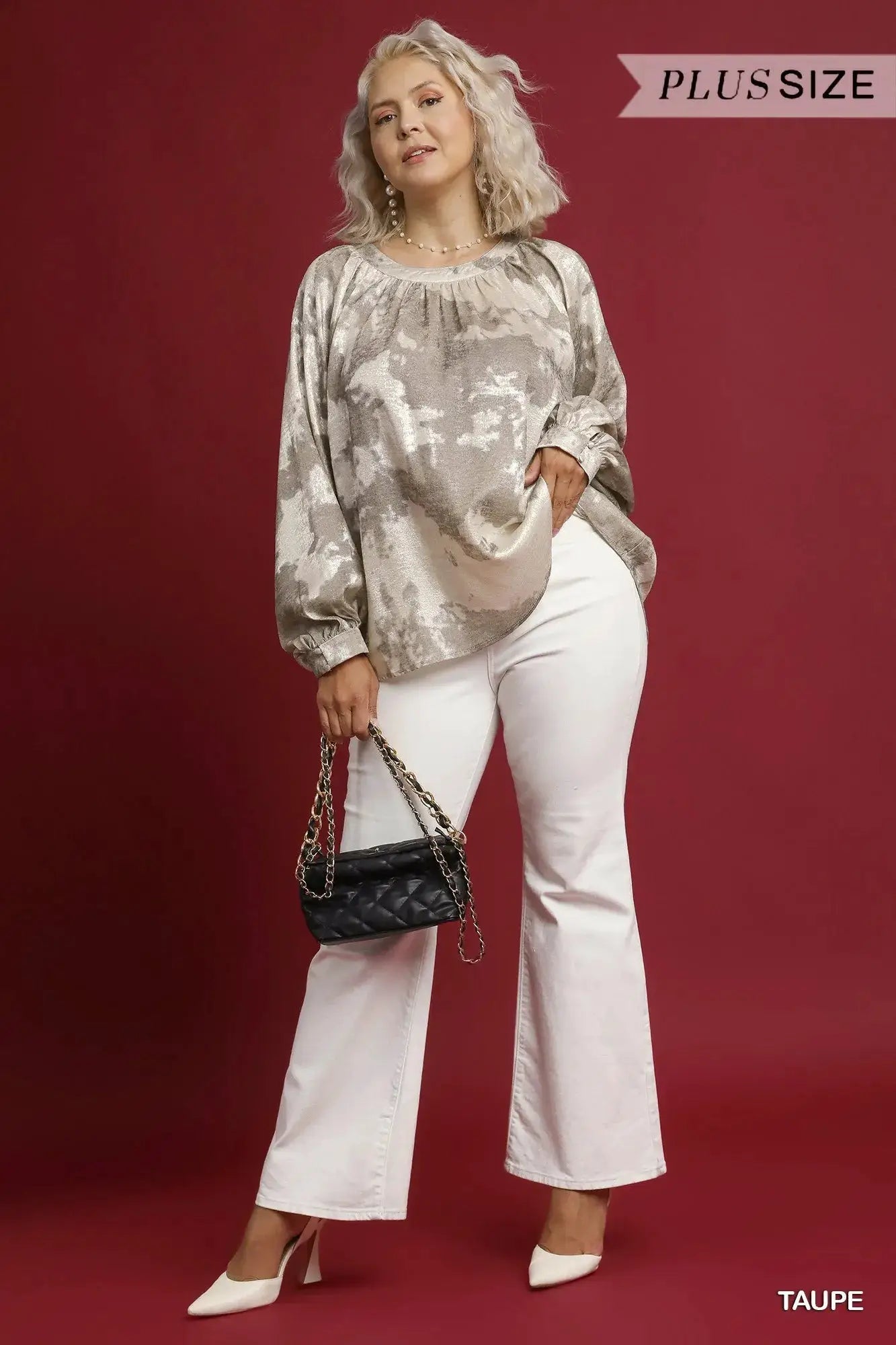 Umgee Full Size Metallic Fabric Blouse with Balloon Sleeves Plus Size by Trendsi