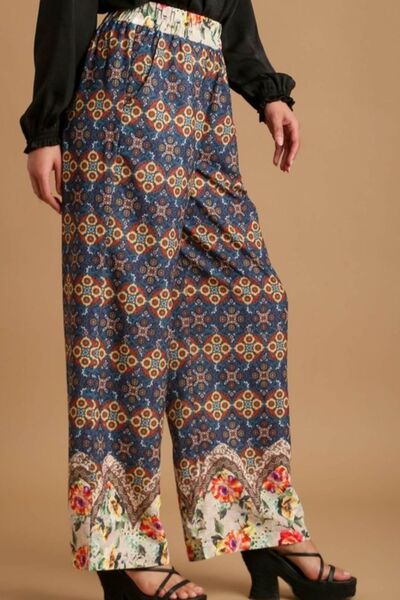 Umgee Full Size Mixed Print Elastic Waistband Pants - Bitsy Gypsy Boutique