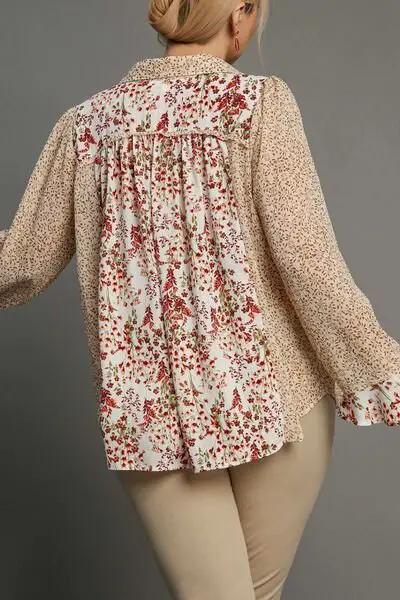 Umgee Full Size Mixed Print Metallic Detail Long Ruffle Sleeve Button Down Shirt Plus Size by Trendsi