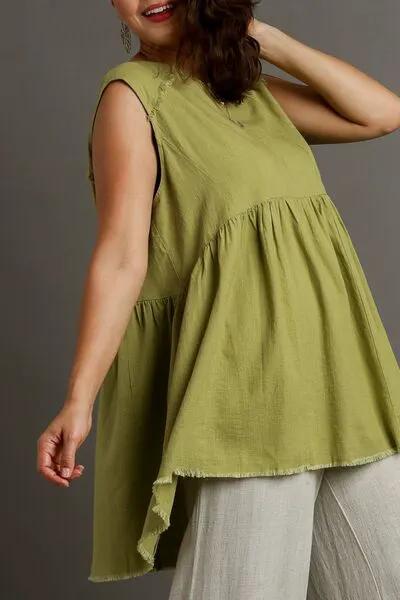 Umgee Full Size Raw Hem Linen Round Neck Sleeveless Top Plus Size by Trendsi