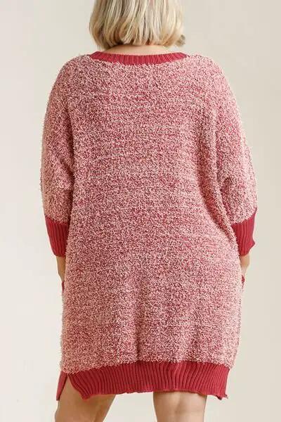 Umgee Full Size Ribbed Hem Round Neck 3/4 Sleeve Sweater Dress with Pockets Plus Size by Trendsi