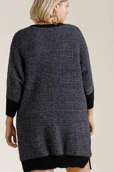 Umgee Full Size Ribbed Hem Round Neck 3/4 Sleeve Sweater Dress with Pockets Plus Size by Trendsi