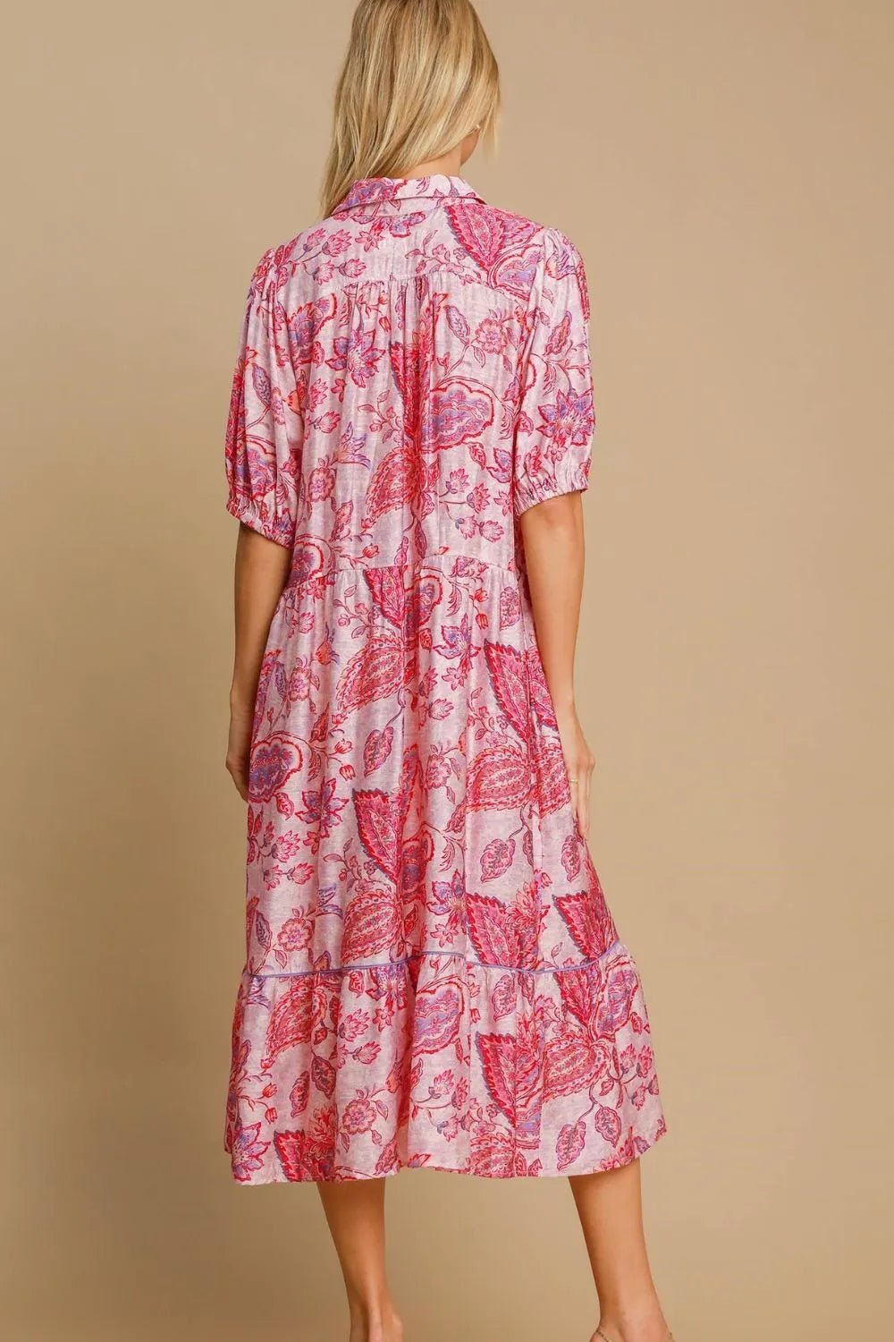 Umgee Full Size Ruffled Hem Floral Paisley Print Half Sleeve Midi Dress - Bitsy Gypsy Boutique