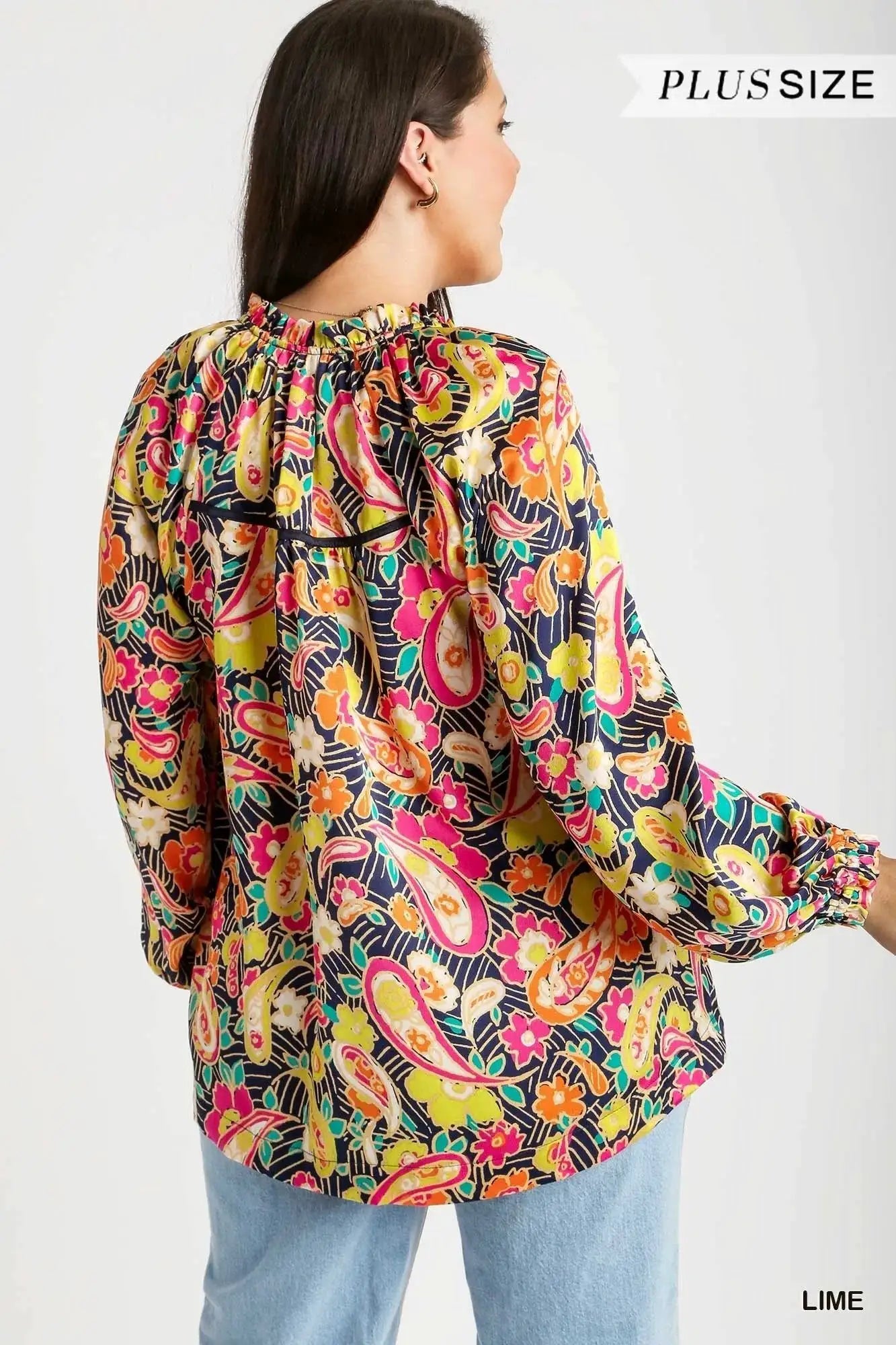 Umgee Full Size Satin Paisley Ruffle Neck Button-Up Shirt Plus Size by Trendsi