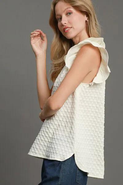 Umgee Full Size Textured Jacquard V-Neck Ruffle Cap Sleeve Blouse Plus Size by Trendsi