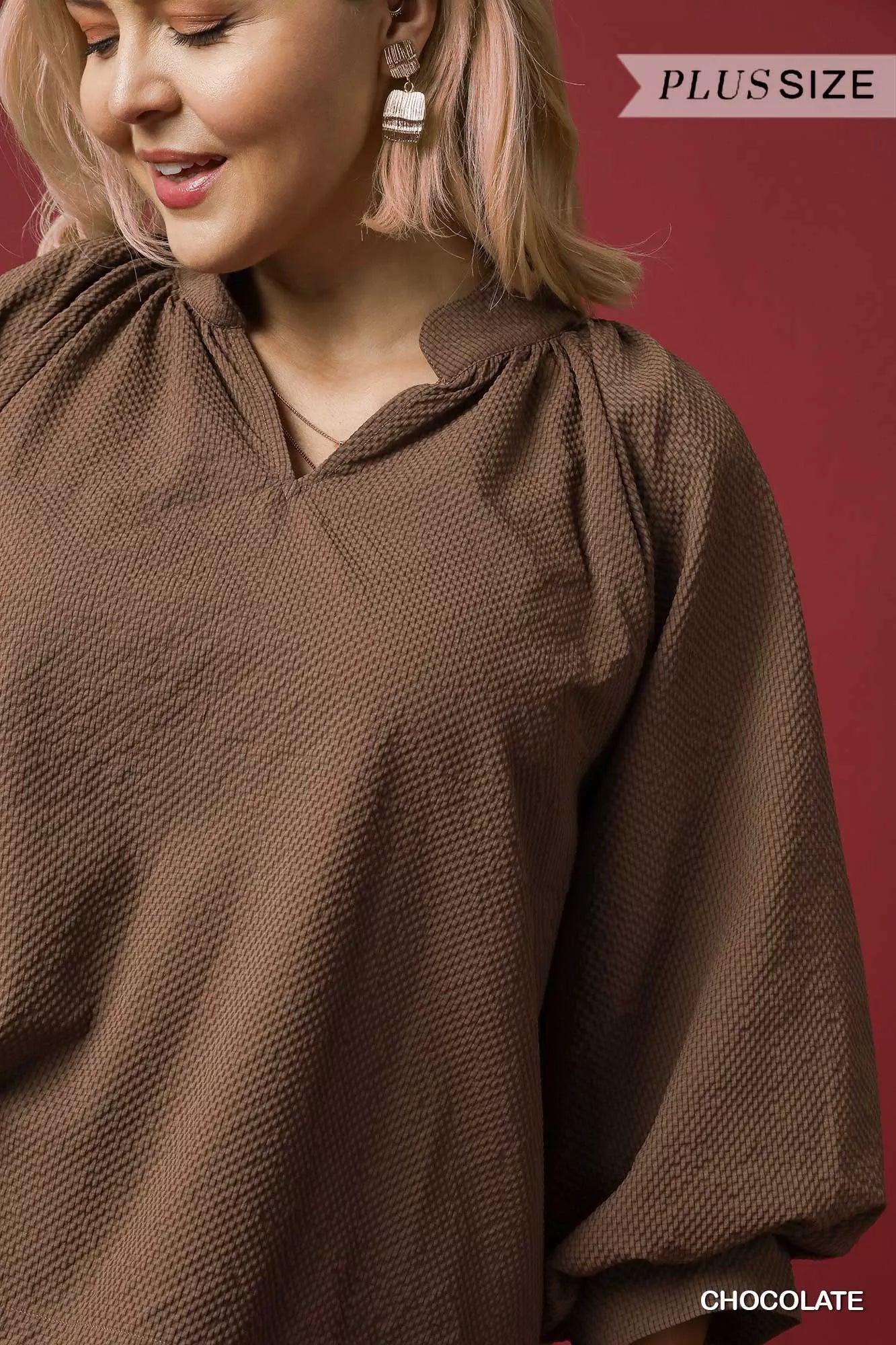 Umgee Full Size Textured Notched Balloon Sleeve Blouse Plus Size - Bitsy Gypsy Boutique