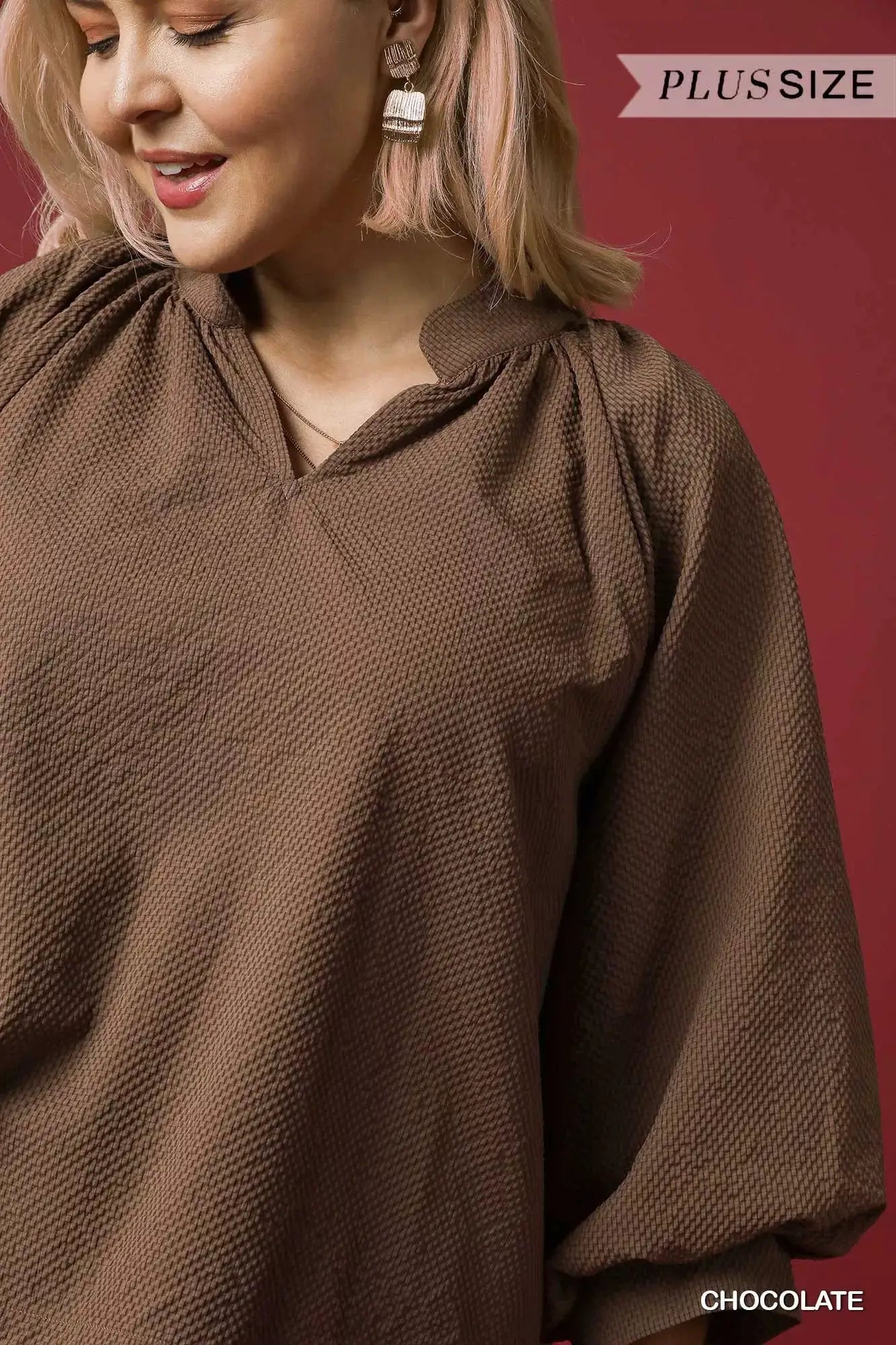 Umgee Full Size Textured Notched Balloon Sleeve Blouse Plus Size by Trendsi