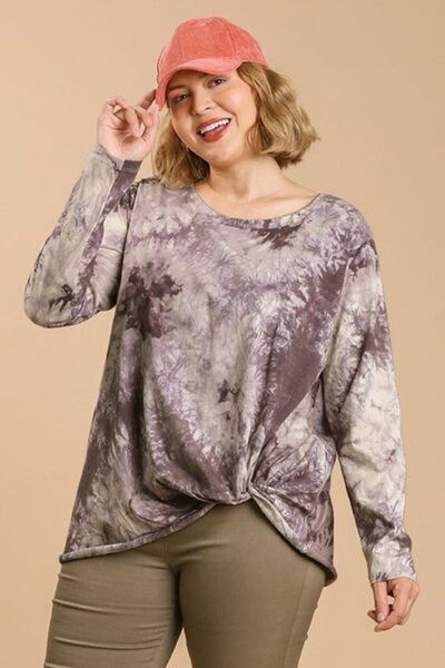 Umgee Full Size Tie Dye Front Gathered Detail Round Neck Long Sleeve T-Shirt Plus Size - Bitsy Gypsy Boutique