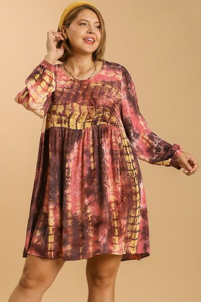 Umgee Full Size Tie Dye Long Sleeve Babydoll Dress with Keyhole Plus Size - Bitsy Gypsy Boutique