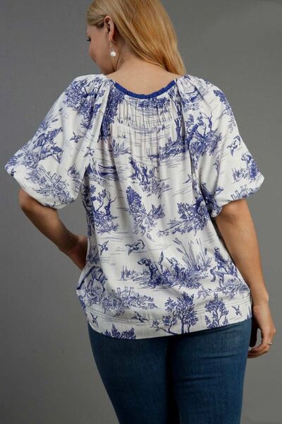 Umgee Full Size Two Tone Landscape Round Neck Print Top Plus Size - Bitsy Gypsy Boutique