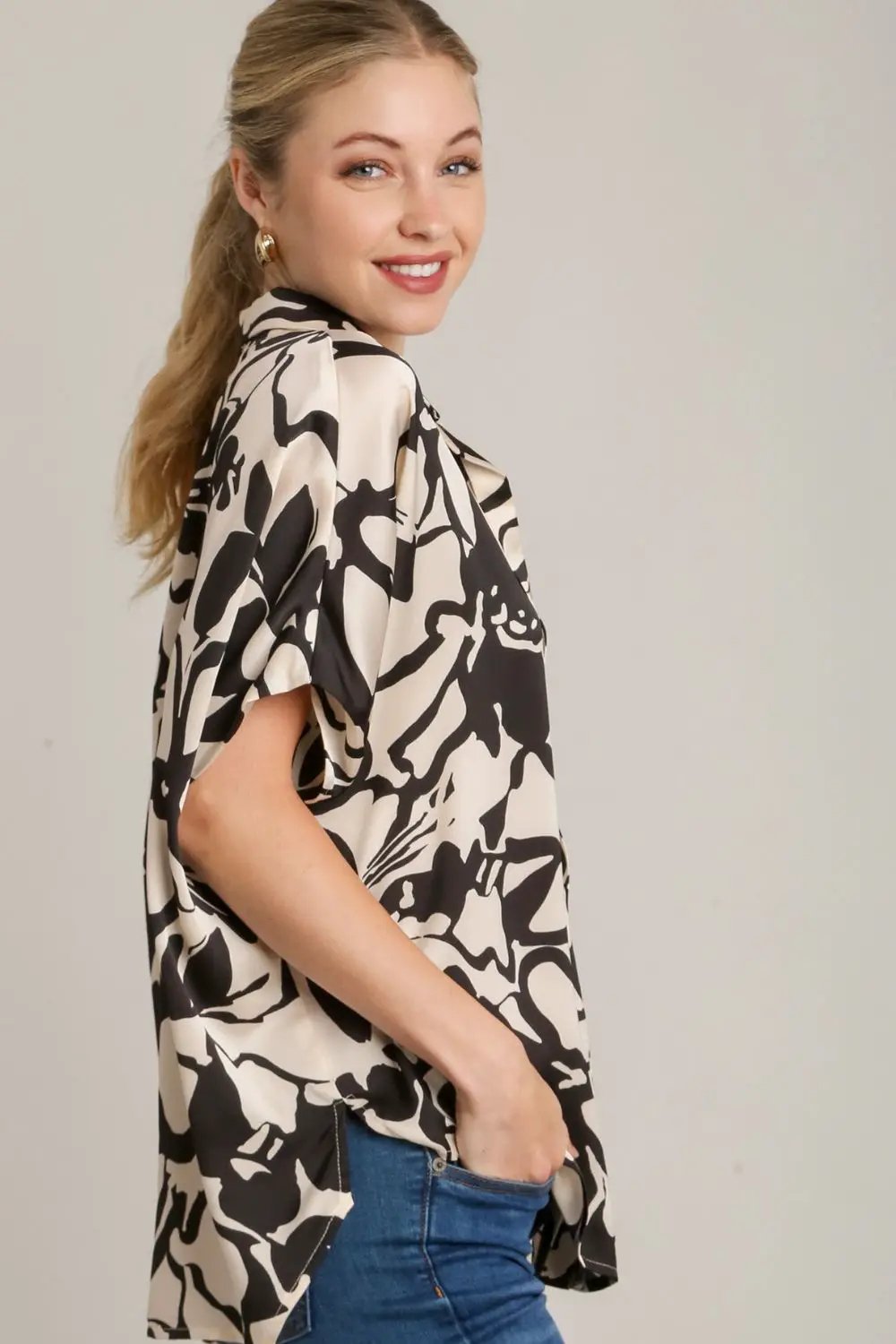 Umgee Full Size Two Tone Print Button Down Top with Hidden Plackets Plus Size by Trendsi