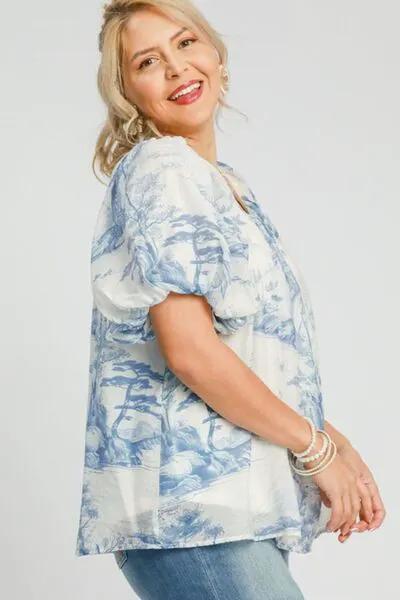 Umgee Full Size Two Tone Toile Print Top by Trendsi