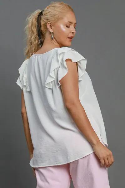 Umgee Full Size V-Neck Double Layered Ruffle Sleeve Blouse Plus Size by Trendsi