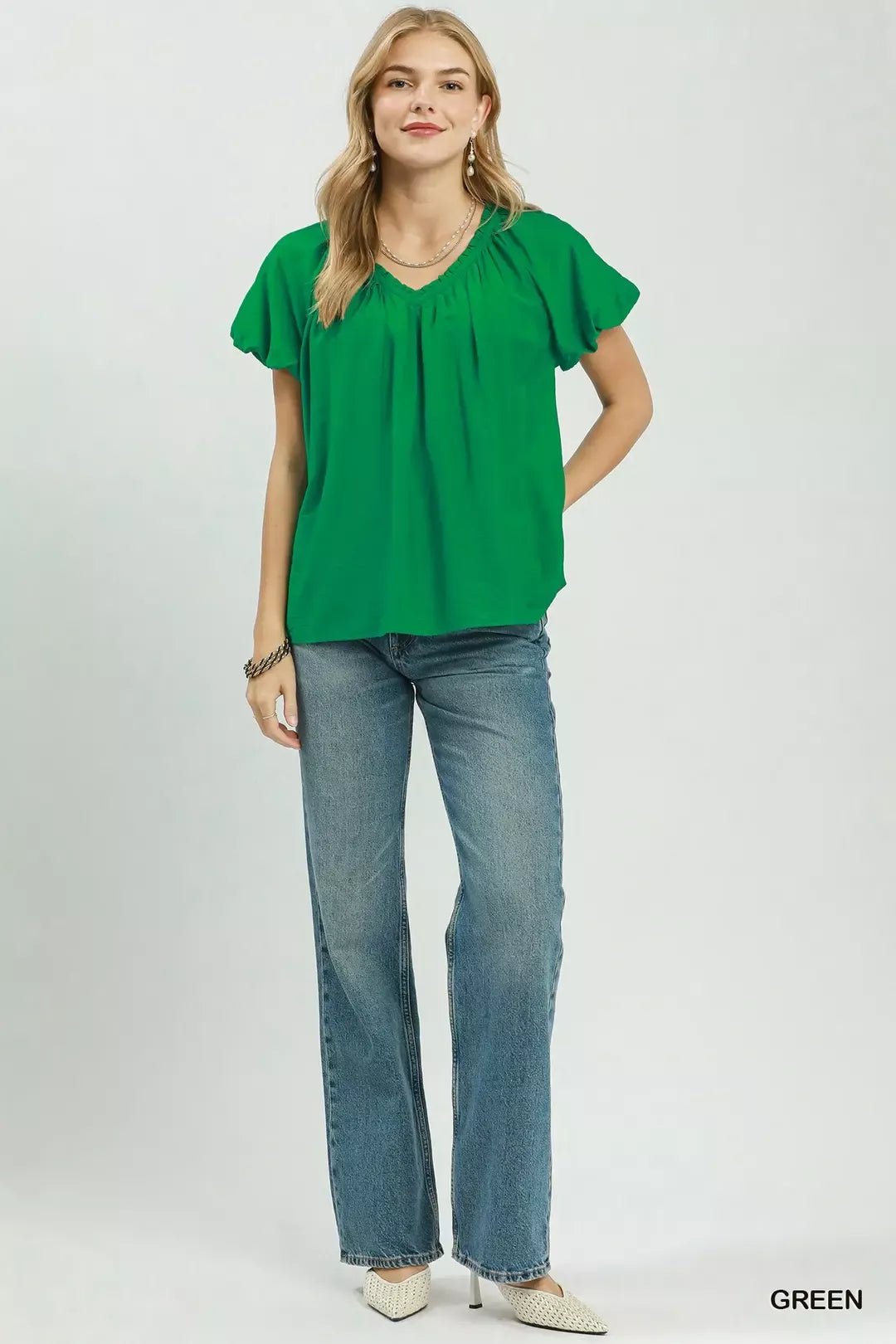 Umgee Gathered V - Neck Top - Bitsy Gypsy Boutique