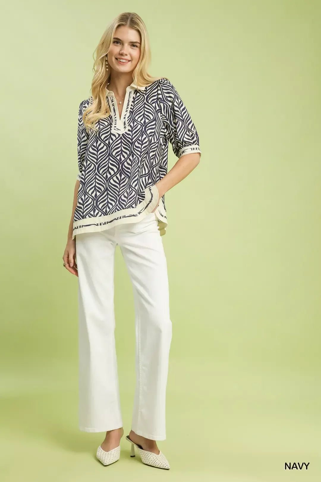 Umgee Geometric Leaf Print Popover Top - Bitsy Gypsy Boutique