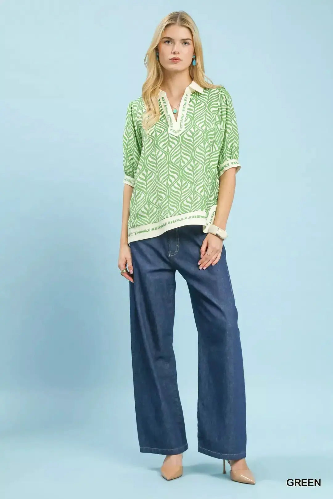 Umgee Geometric Leaf Print Popover Top by Trendsi