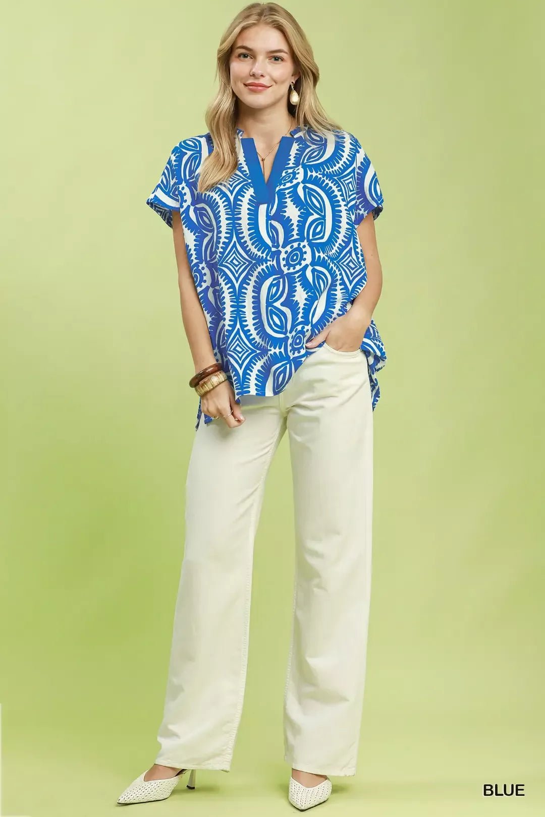 Umgee Geometric Print V - Neck Short Sleeve Top - Bitsy Gypsy Boutique