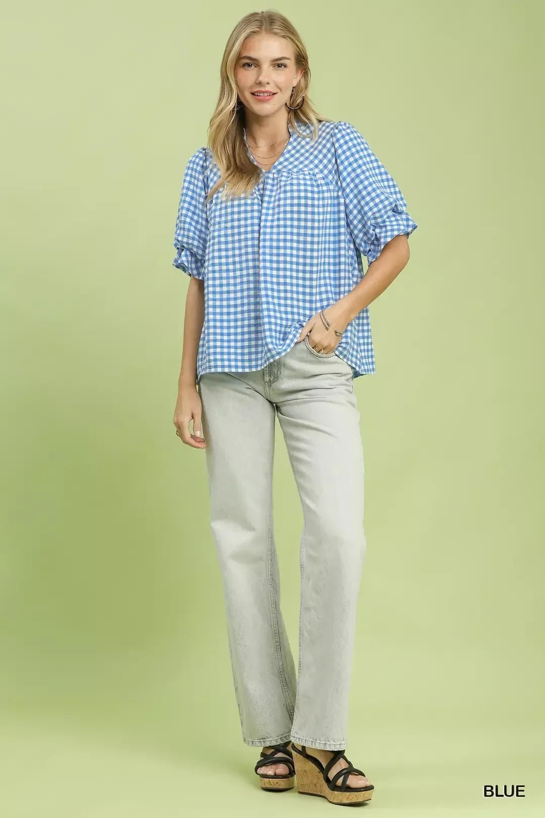 Umgee Gingham Check Blouse with Ruffle Sleeves - Bitsy Gypsy Boutique