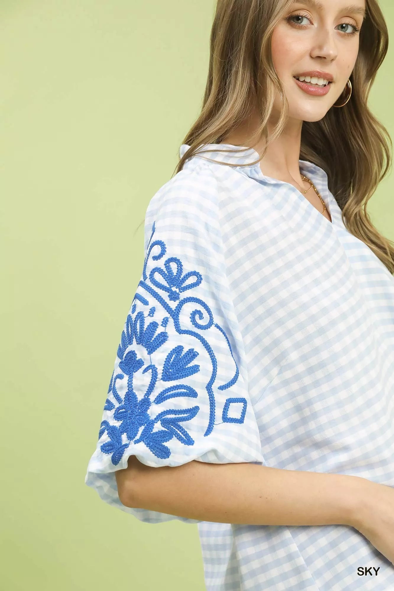 Umgee Gingham Embroidered Balloon Sleeve Top - Bitsy Gypsy Boutique