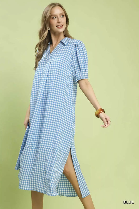 Umgee Gingham Midi Dress with Side Pockets - Bitsy Gypsy Boutique