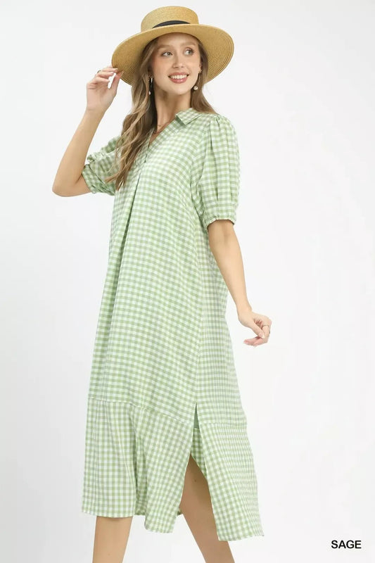 Umgee Gingham Midi Dress with Side Pockets - Bitsy Gypsy Boutique
