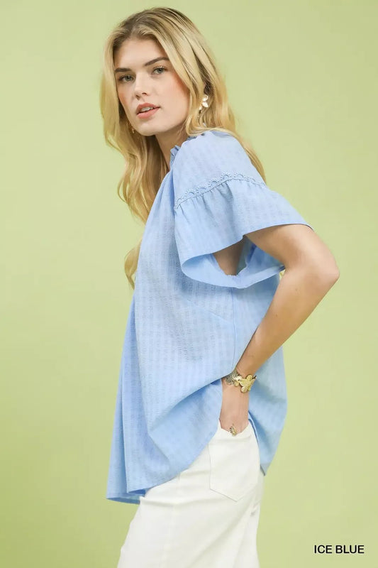 Umgee Gingham Puff Sleeve Top with Lace Trim - Bitsy Gypsy Boutique
