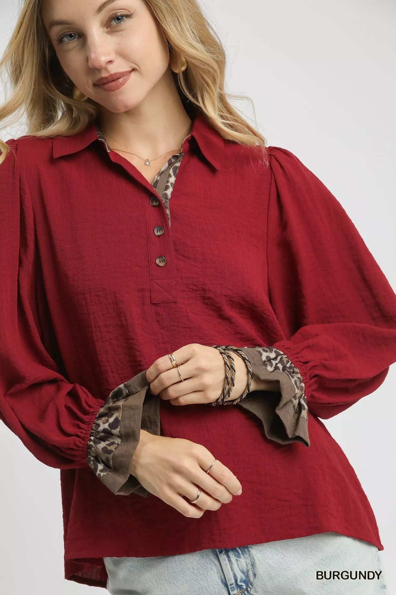 Umgee Half Button Blouse with Leopard Print Trim - Bitsy Gypsy Boutique