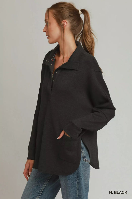 Umgee Half Placket Sweatshirt with Pockets - Bitsy Gypsy Boutique