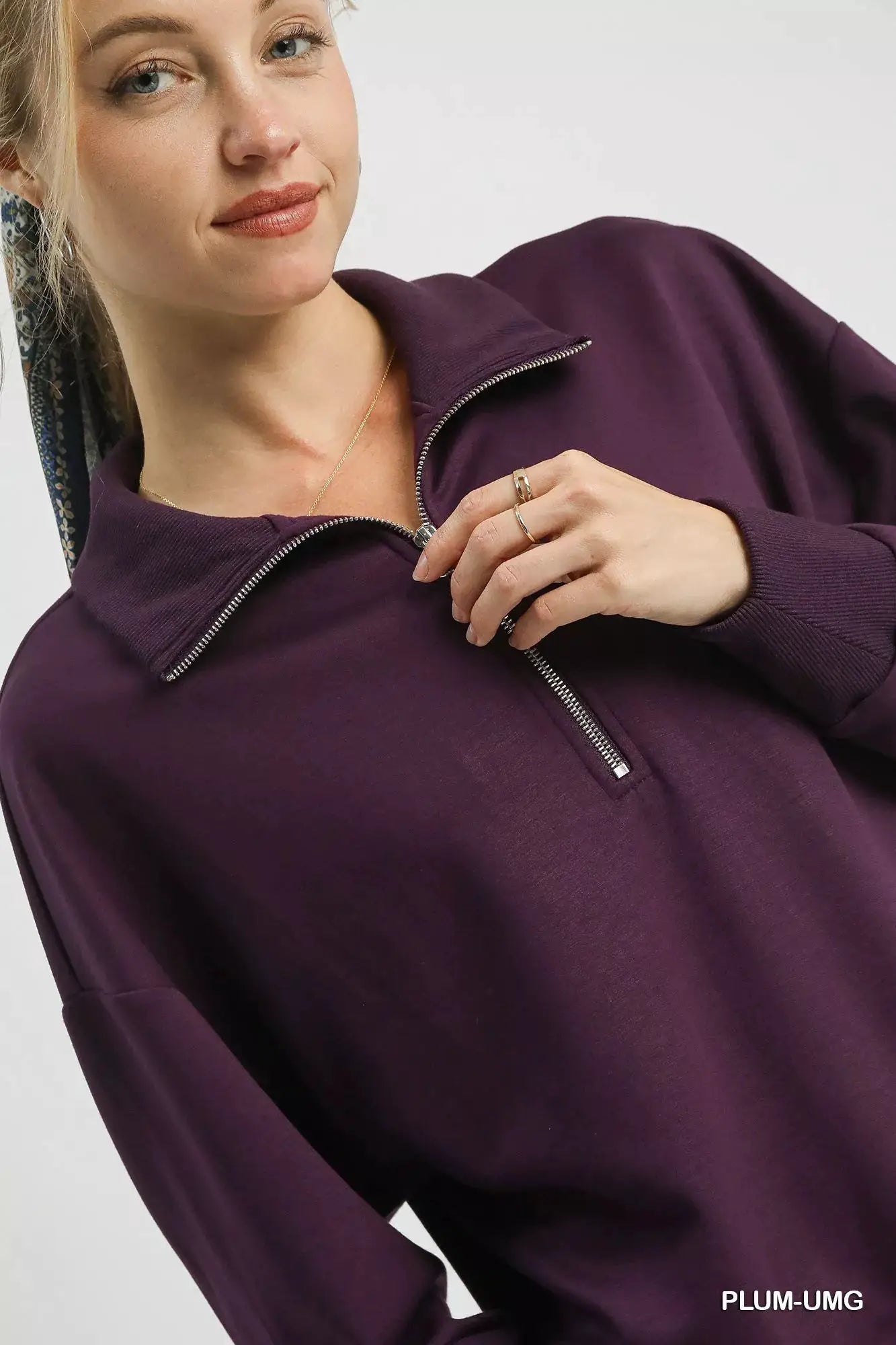 Umgee Half Zip Drop Shoulder Sweatshirt by Trendsi