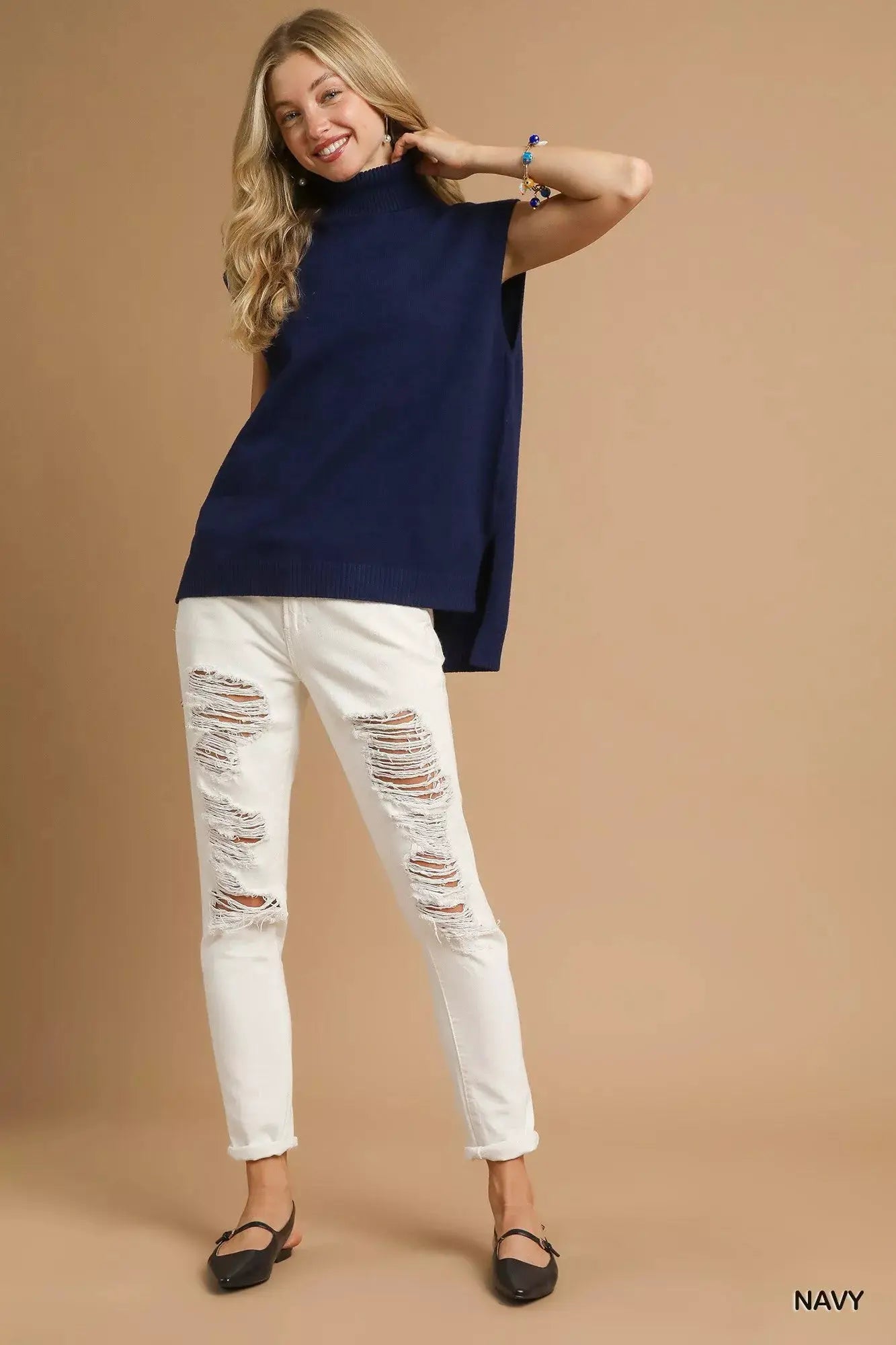 Umgee High-Low Turtleneck Sleeveless Sweater Top by Trendsi