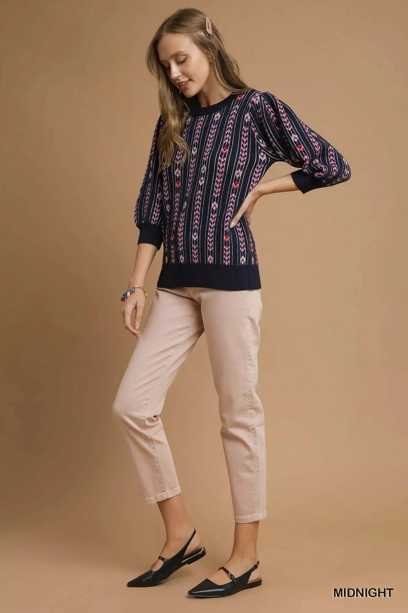 Umgee Jacquard Knit Puff Sleeve Sweater by Trendsi