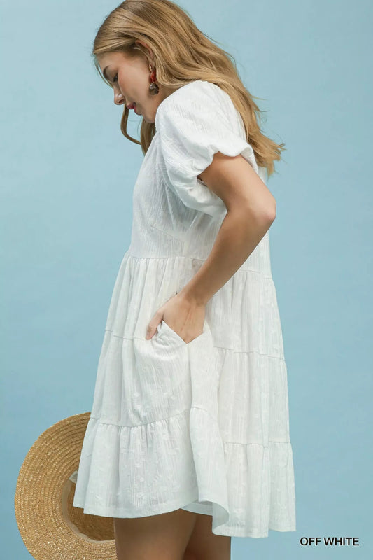 Umgee Jacquard Puff Sleeve Mini Dress - Bitsy Gypsy Boutique