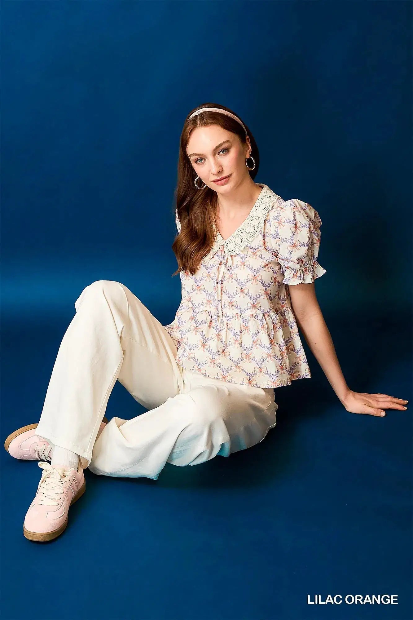 Umgee Lace Detail Bow Print Flounce Sleeve Blouse by Trendsi