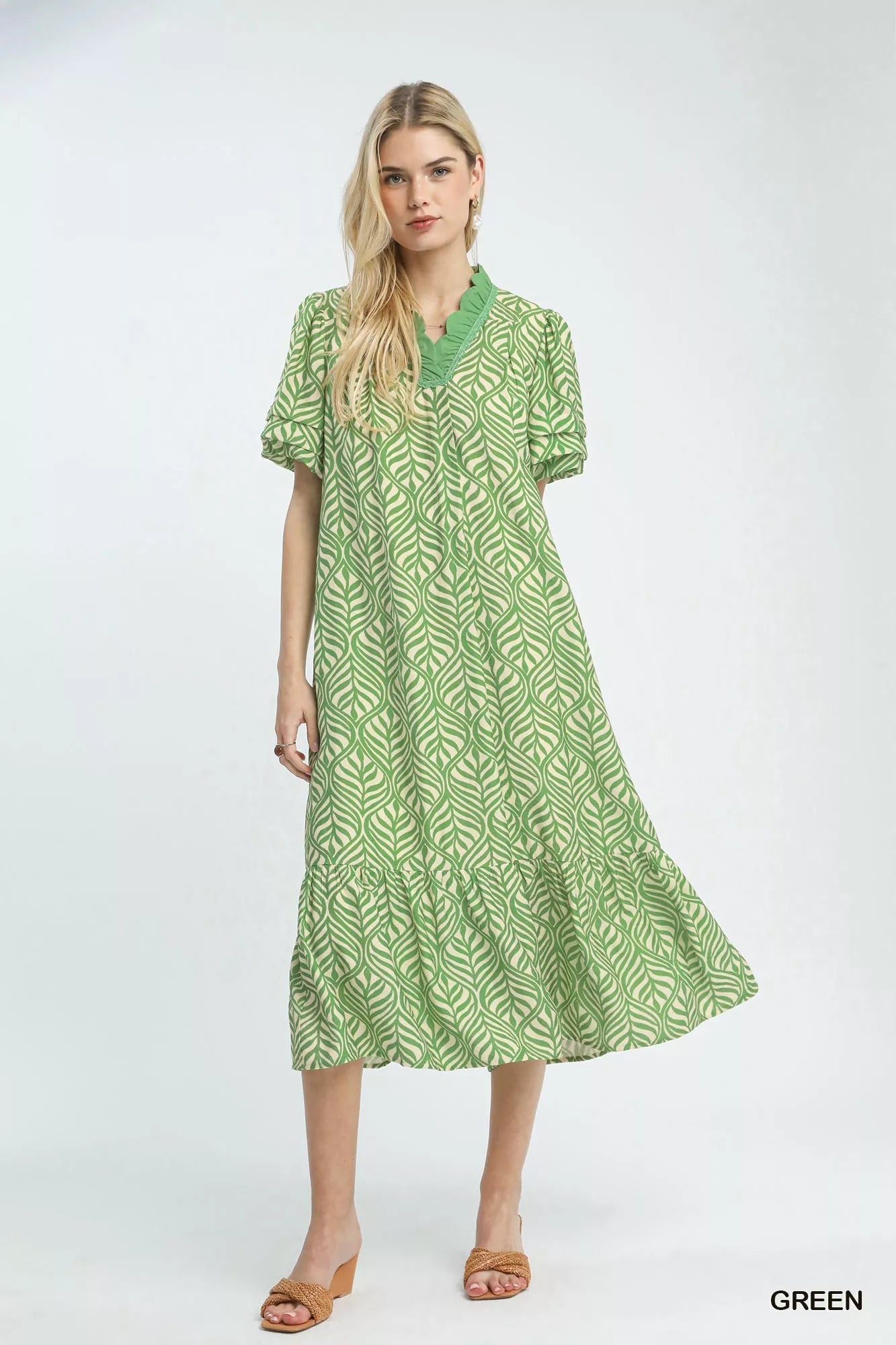 Umgee Leaf Print Ruffle Neck Midi Dress - Bitsy Gypsy Boutique