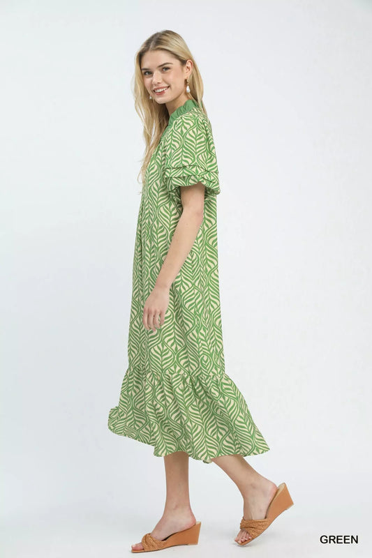 Umgee Leaf Print Ruffle Neck Midi Dress - Bitsy Gypsy Boutique